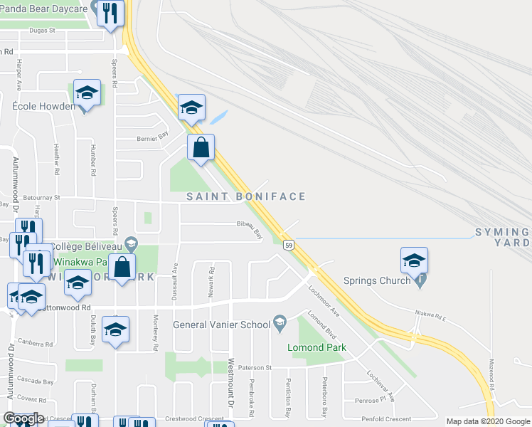 map of restaurants, bars, coffee shops, grocery stores, and more near Lagimodiere Blvd in Winnipeg