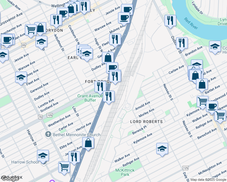 map of restaurants, bars, coffee shops, grocery stores, and more near 600 Pembina Highway in Winnipeg
