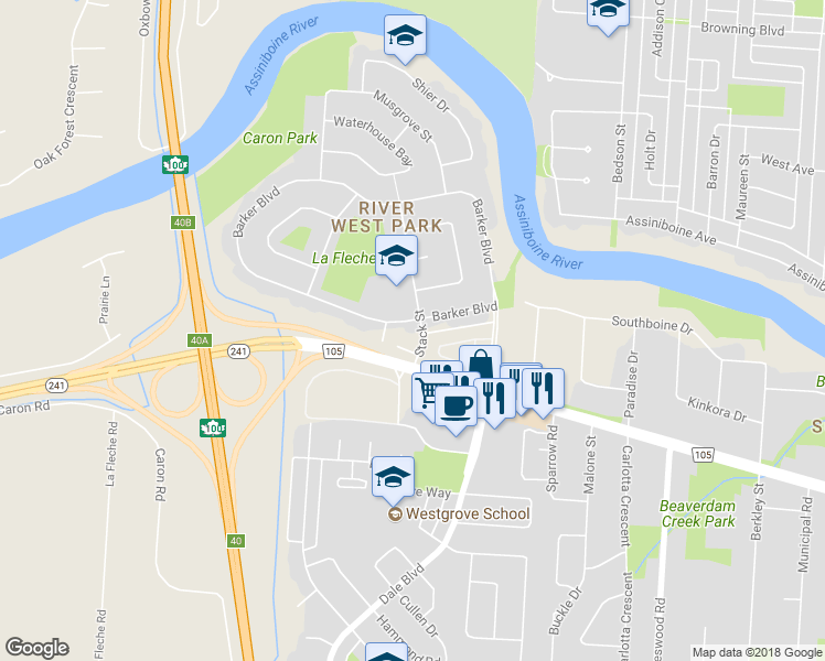 map of restaurants, bars, coffee shops, grocery stores, and more near 403 Barker Boulevard in Winnipeg