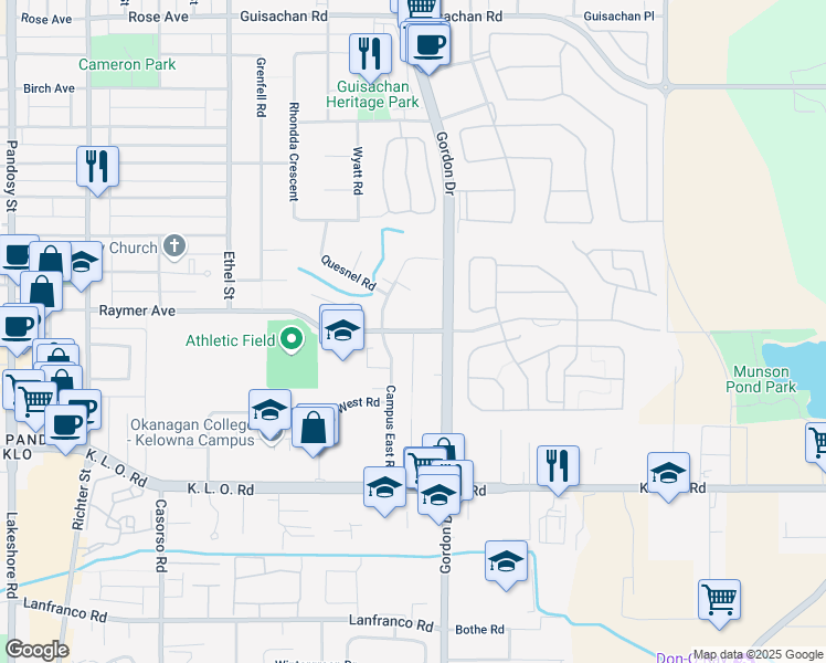 map of restaurants, bars, coffee shops, grocery stores, and more near Bouvette Street in Kelowna