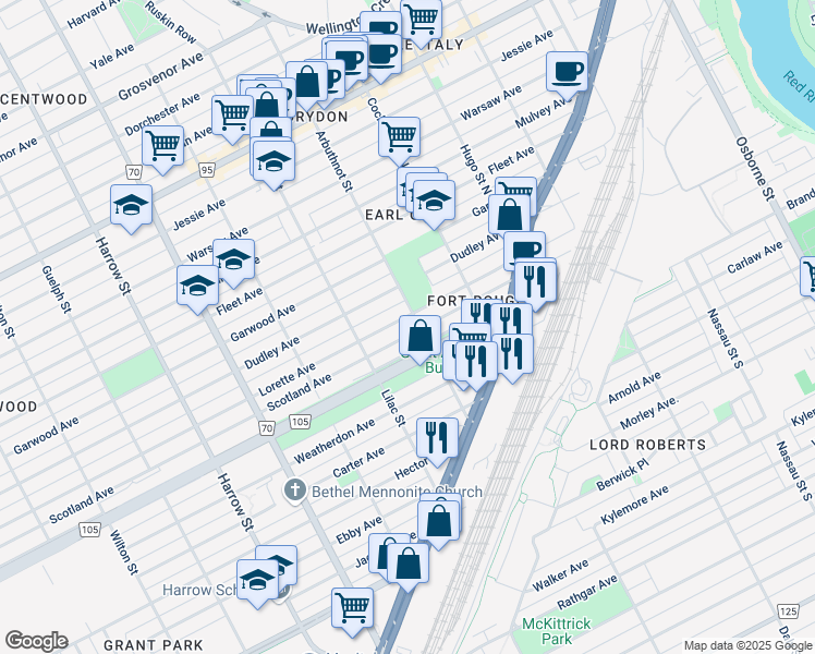 map of restaurants, bars, coffee shops, grocery stores, and more near 756 Scotland Avenue in Winnipeg