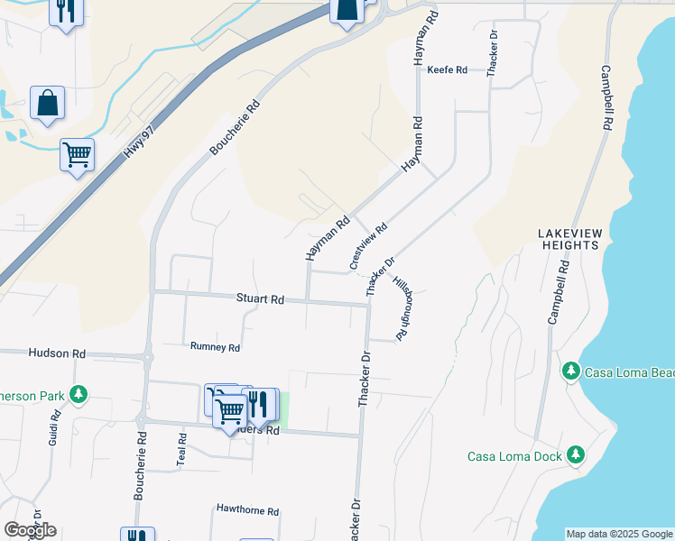 map of restaurants, bars, coffee shops, grocery stores, and more near 2520 Crestview Road in West Kelowna