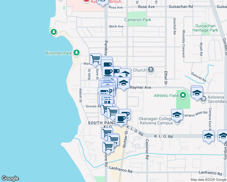 map of restaurants, bars, coffee shops, grocery stores, and more near 2918 Tutt Street in Kelowna