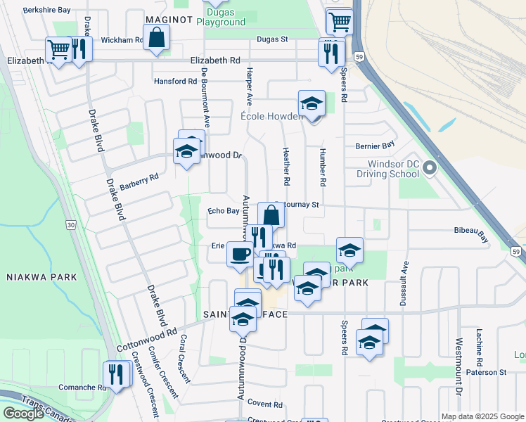 map of restaurants, bars, coffee shops, grocery stores, and more near 193 Harper Avenue in Winnipeg