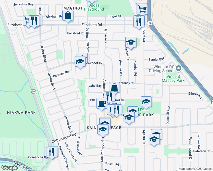 map of restaurants, bars, coffee shops, grocery stores, and more near 975 Autumnwood Drive in Winnipeg