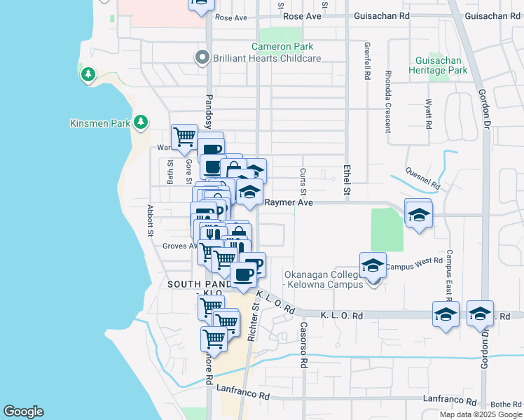 map of restaurants, bars, coffee shops, grocery stores, and more near 2833 Richter Street in Kelowna