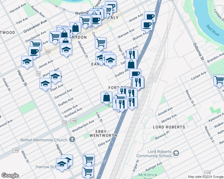 map of restaurants, bars, coffee shops, grocery stores, and more near 700 Dudley Avenue in Winnipeg