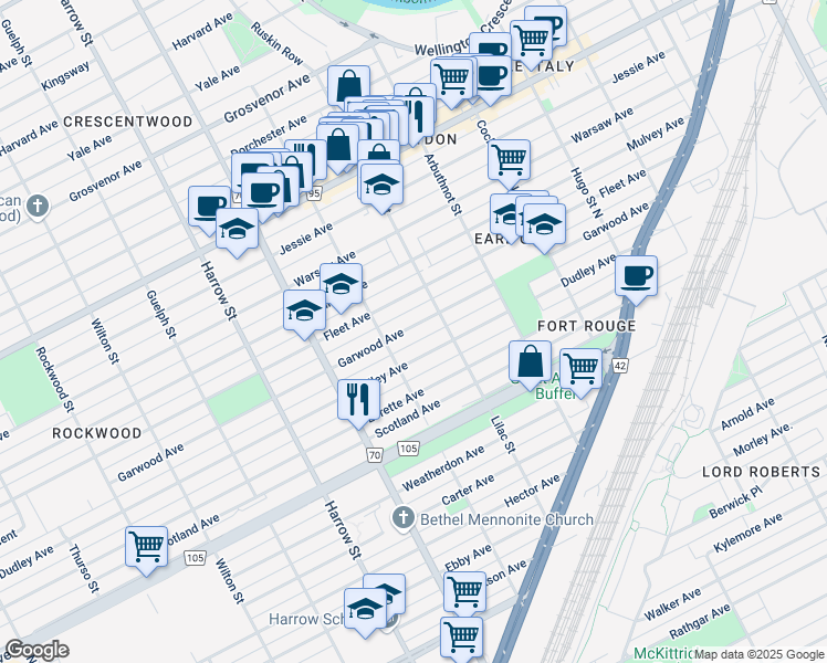 map of restaurants, bars, coffee shops, grocery stores, and more near 808 Garwood Avenue in Winnipeg