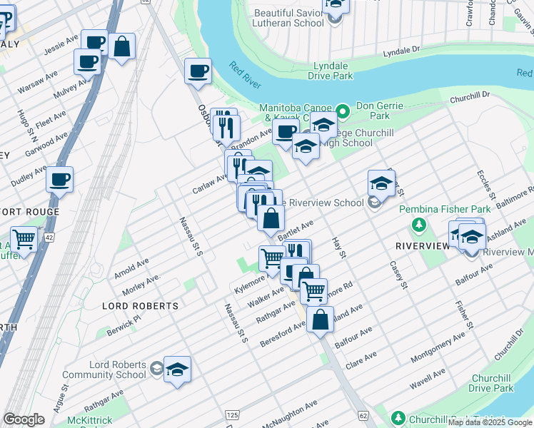 map of restaurants, bars, coffee shops, grocery stores, and more near 262 Arnold Avenue in Winnipeg