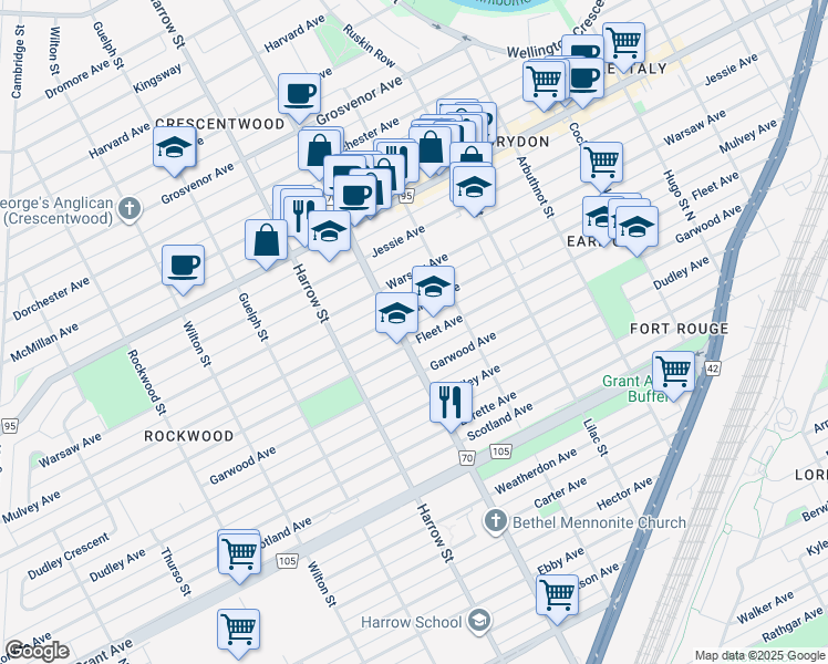 map of restaurants, bars, coffee shops, grocery stores, and more near 889 Mulvey Avenue in Winnipeg