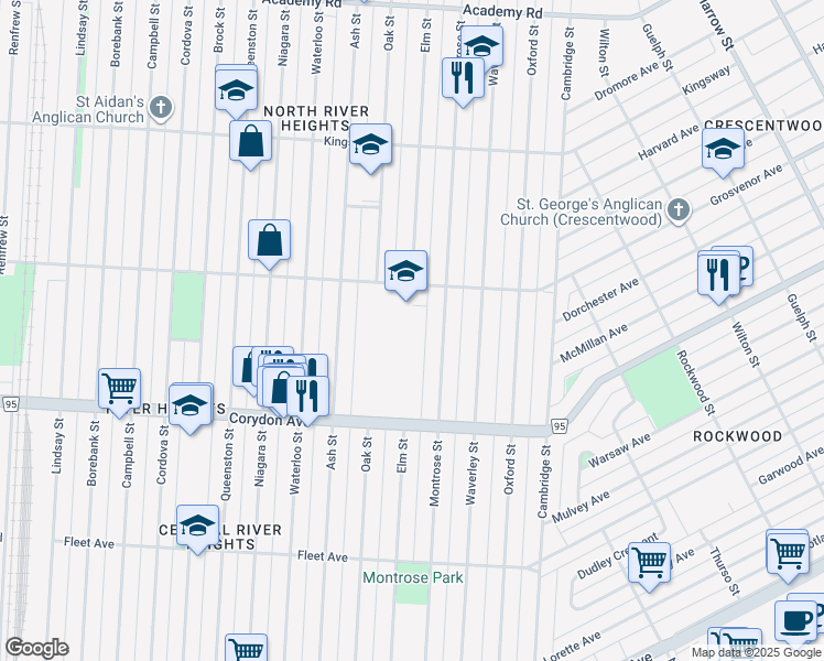 map of restaurants, bars, coffee shops, grocery stores, and more near 1350 Grosvenor Avenue in Winnipeg