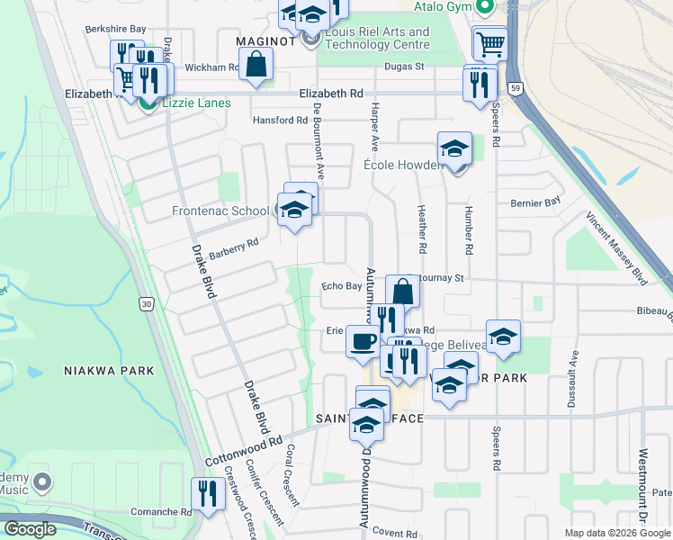 map of restaurants, bars, coffee shops, grocery stores, and more near 79 De Bourmont Bay in Winnipeg