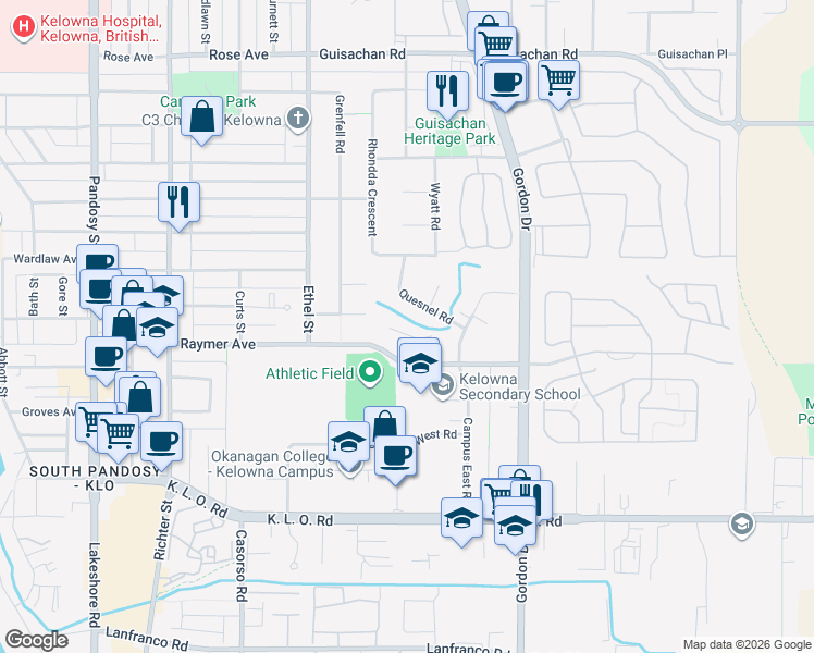 map of restaurants, bars, coffee shops, grocery stores, and more near 2651 Mappin Court in Kelowna