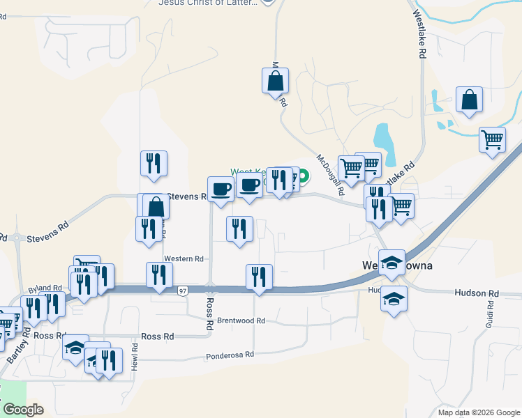 map of restaurants, bars, coffee shops, grocery stores, and more near 1395 Stevens Road in West Kelowna