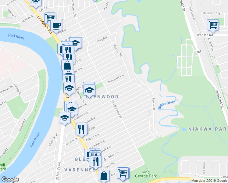 map of restaurants, bars, coffee shops, grocery stores, and more near 124 Blenheim Avenue in Winnipeg