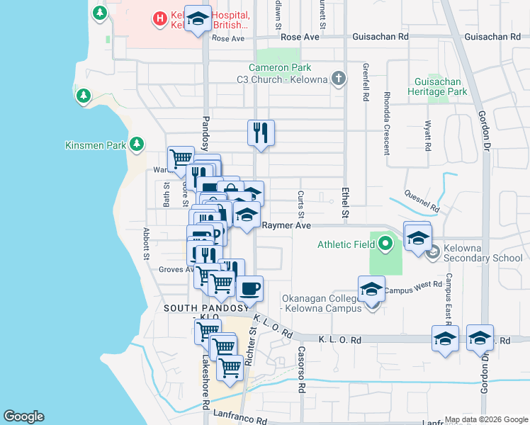 map of restaurants, bars, coffee shops, grocery stores, and more near 2735 Richter Street in Kelowna