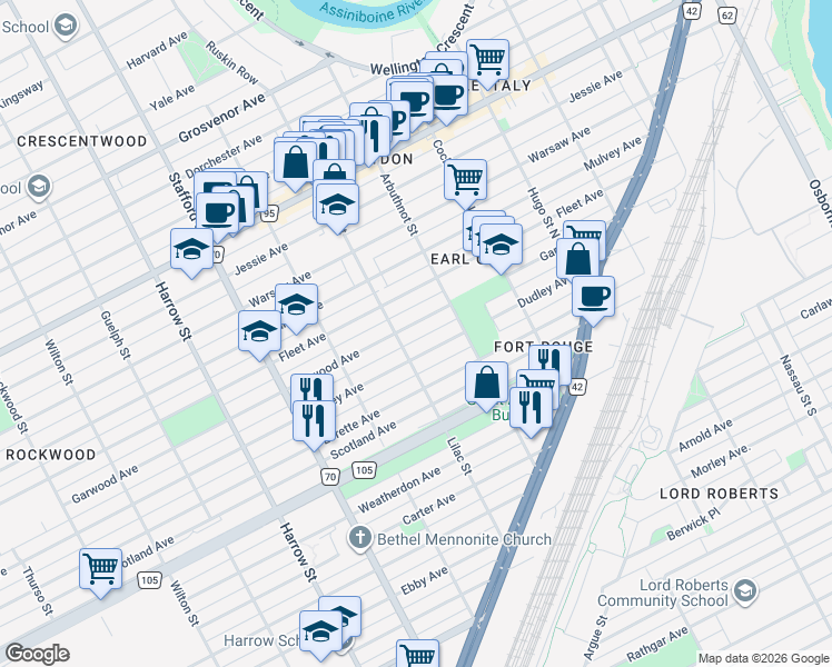 map of restaurants, bars, coffee shops, grocery stores, and more near 768 Garwood Avenue in Winnipeg