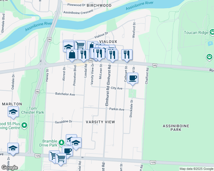 map of restaurants, bars, coffee shops, grocery stores, and more near 268 Elmhurst Road in Winnipeg