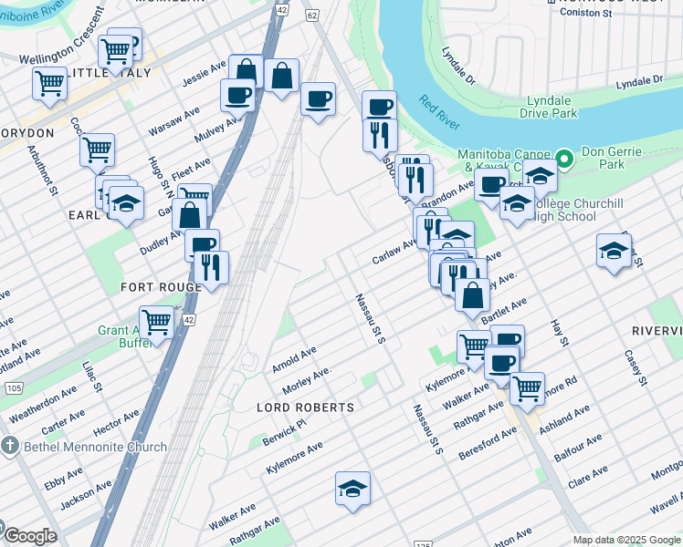 map of restaurants, bars, coffee shops, grocery stores, and more near 656 Nassau Street South in Winnipeg