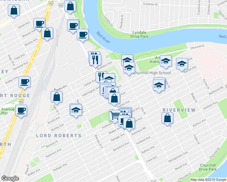 map of restaurants, bars, coffee shops, grocery stores, and more near 262 Arnold Avenue in Winnipeg