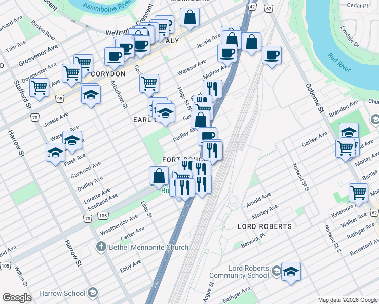 map of restaurants, bars, coffee shops, grocery stores, and more near 698 Lorette Avenue in Winnipeg