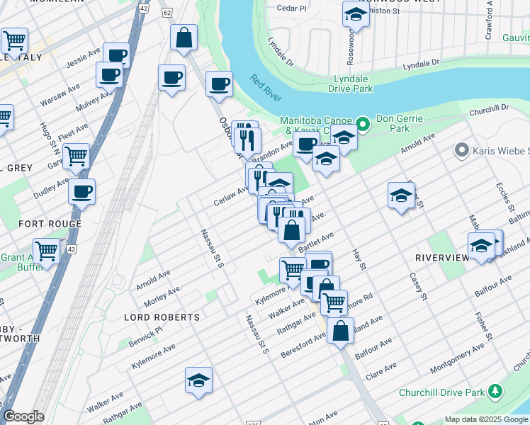 map of restaurants, bars, coffee shops, grocery stores, and more near 521 Osborne Street in Winnipeg