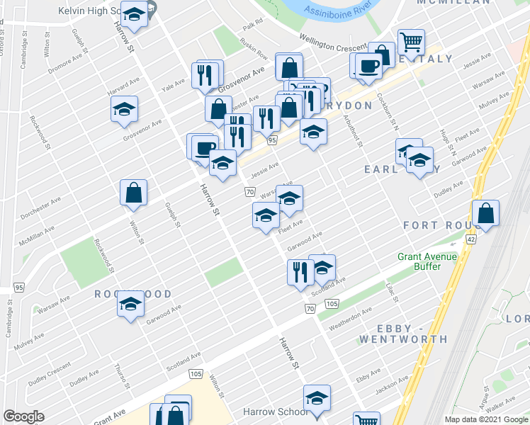 map of restaurants, bars, coffee shops, grocery stores, and more near 889 Mulvey Avenue in Winnipeg