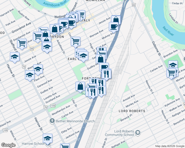 map of restaurants, bars, coffee shops, grocery stores, and more near 703 Lorette Ave in Winnipeg