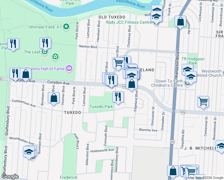 map of restaurants, bars, coffee shops, grocery stores, and more near 2090 Corydon Avenue in Winnipeg