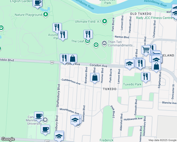 map of restaurants, bars, coffee shops, grocery stores, and more near 305 Boreham Boulevard in Winnipeg