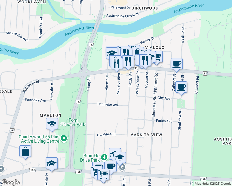 map of restaurants, bars, coffee shops, grocery stores, and more near 254 Princeton Boulevard in Winnipeg