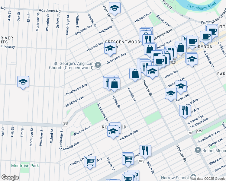 map of restaurants, bars, coffee shops, grocery stores, and more near 1088 Corydon Avenue in Winnipeg