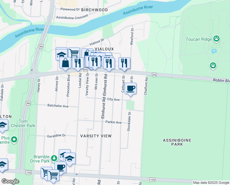 map of restaurants, bars, coffee shops, grocery stores, and more near 255 Lynbrook Drive in Winnipeg