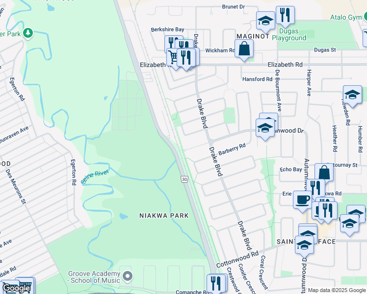 map of restaurants, bars, coffee shops, grocery stores, and more near 735 Autumnwood Drive in Winnipeg