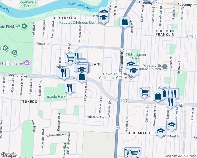 map of restaurants, bars, coffee shops, grocery stores, and more near 1975 Corydon Avenue in Winnipeg