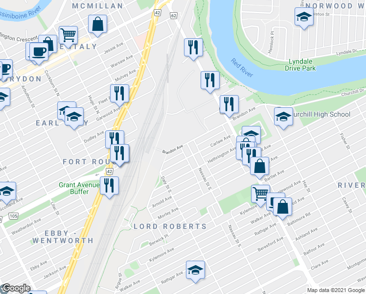 map of restaurants, bars, coffee shops, grocery stores, and more near 656 Nassau Street South in Winnipeg