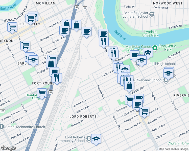 map of restaurants, bars, coffee shops, grocery stores, and more near 647 Nassau Street South in Winnipeg
