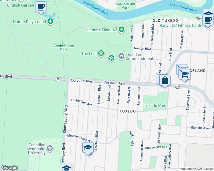 map of restaurants, bars, coffee shops, grocery stores, and more near 305 Boreham Boulevard in Winnipeg