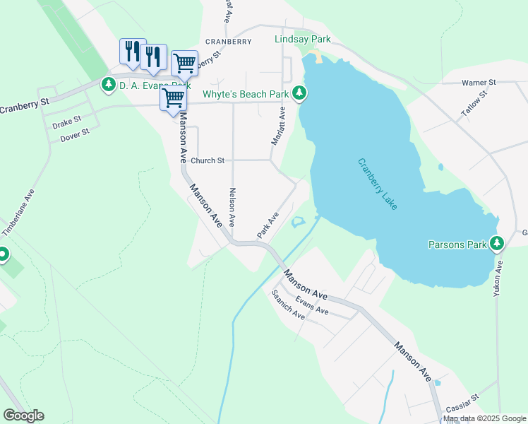 map of restaurants, bars, coffee shops, grocery stores, and more near 5551 Park Avenue in Powell River