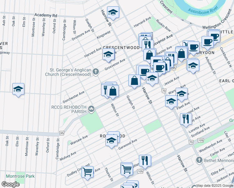 map of restaurants, bars, coffee shops, grocery stores, and more near 1088 Corydon Avenue in Winnipeg