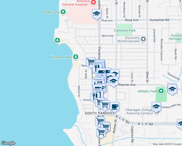 map of restaurants, bars, coffee shops, grocery stores, and more near 2654 Gore Street in Kelowna