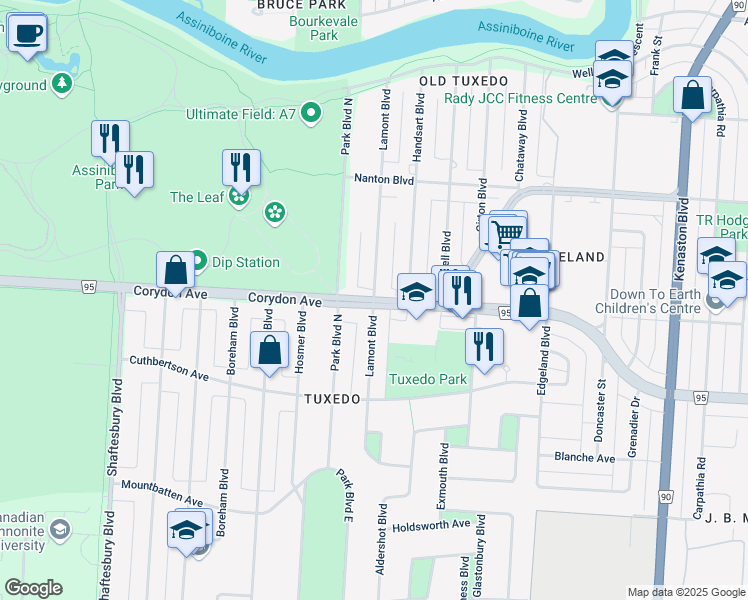 map of restaurants, bars, coffee shops, grocery stores, and more near Corydon Ave & Lamont Blvd in Winnipeg