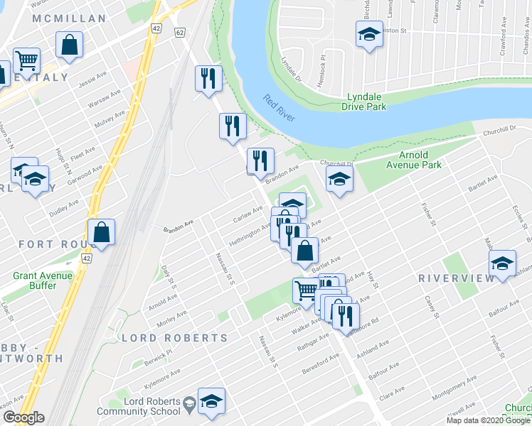 map of restaurants, bars, coffee shops, grocery stores, and more near 432 Brandon Avenue in Winnipeg