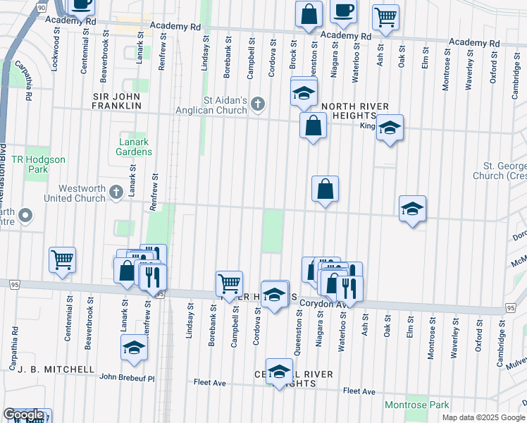 map of restaurants, bars, coffee shops, grocery stores, and more near Cordova Street in Winnipeg