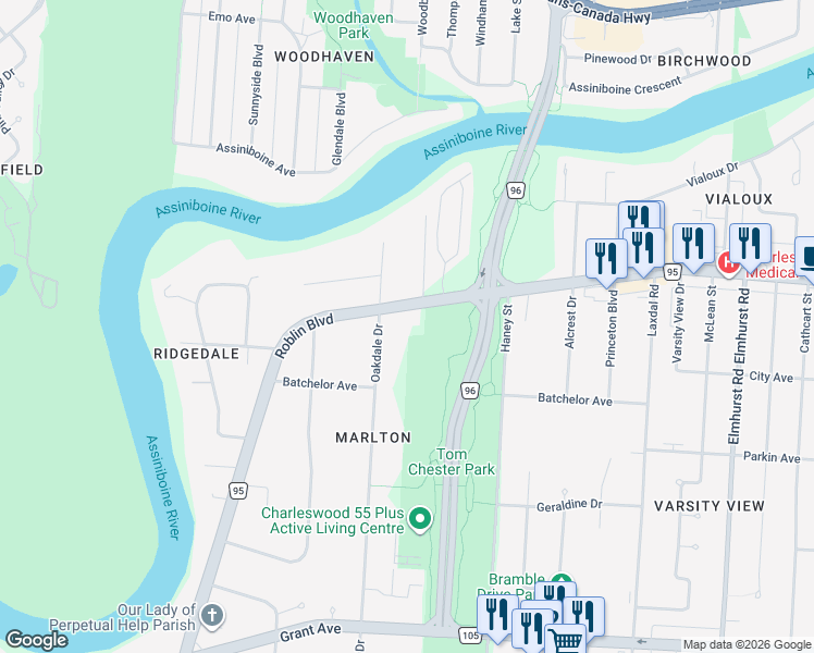 map of restaurants, bars, coffee shops, grocery stores, and more near 4104-4128 Roblin Boulevard in Winnipeg