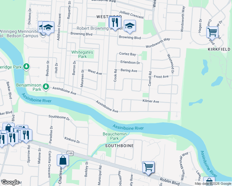 map of restaurants, bars, coffee shops, grocery stores, and more near 115 Columbus Crescent in Winnipeg
