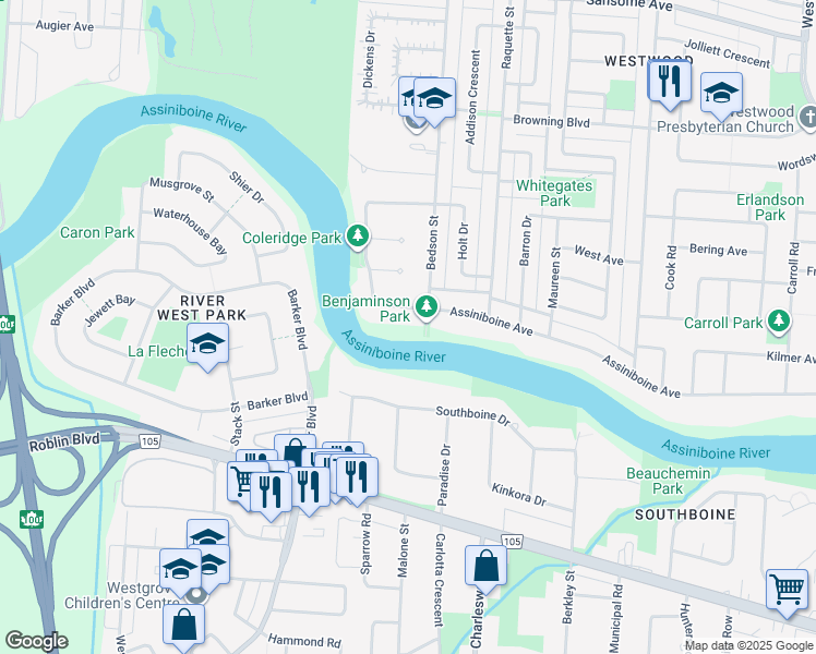 map of restaurants, bars, coffee shops, grocery stores, and more near 10 Coleridge Park Drive in Winnipeg