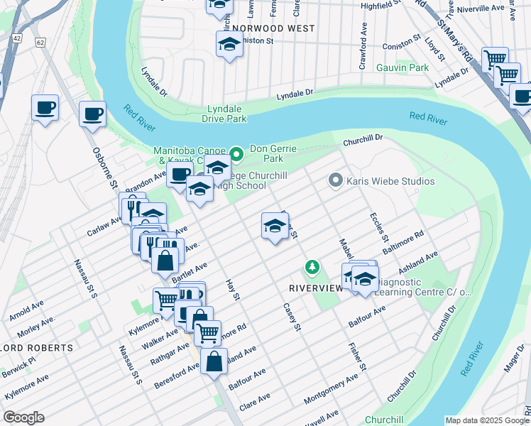 map of restaurants, bars, coffee shops, grocery stores, and more near 120 Morley Avenue in Winnipeg
