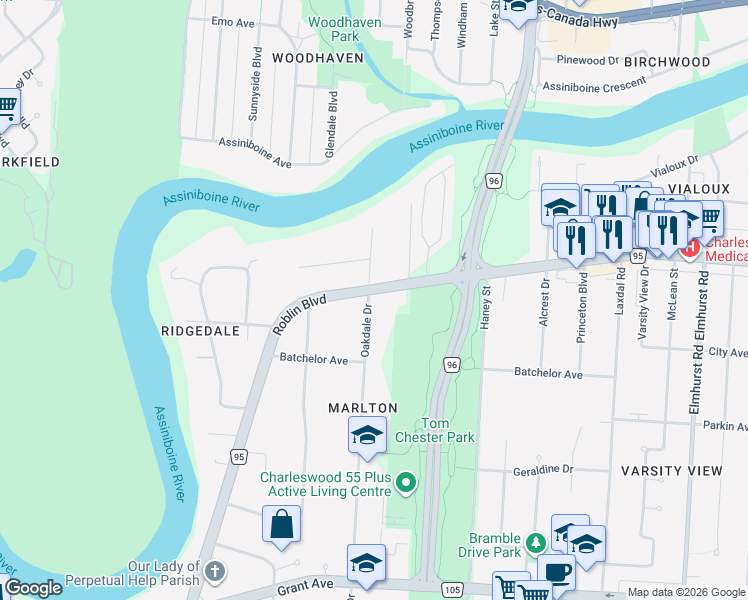 map of restaurants, bars, coffee shops, grocery stores, and more near 4128 Roblin Boulevard in Winnipeg