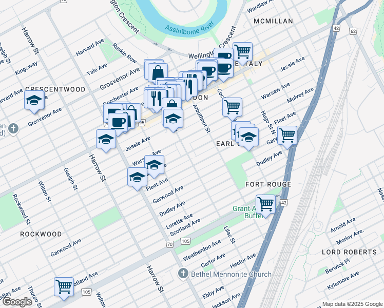 map of restaurants, bars, coffee shops, grocery stores, and more near 323 Lilac Street in Winnipeg